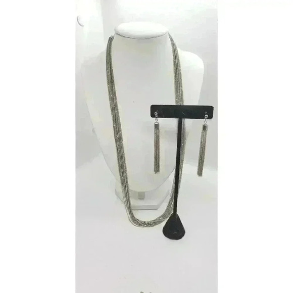 Vintage Multi Chain Tassel Fancy Silver Necklace Earrings Set Long 1970s Dangle - Picture 4 of 10